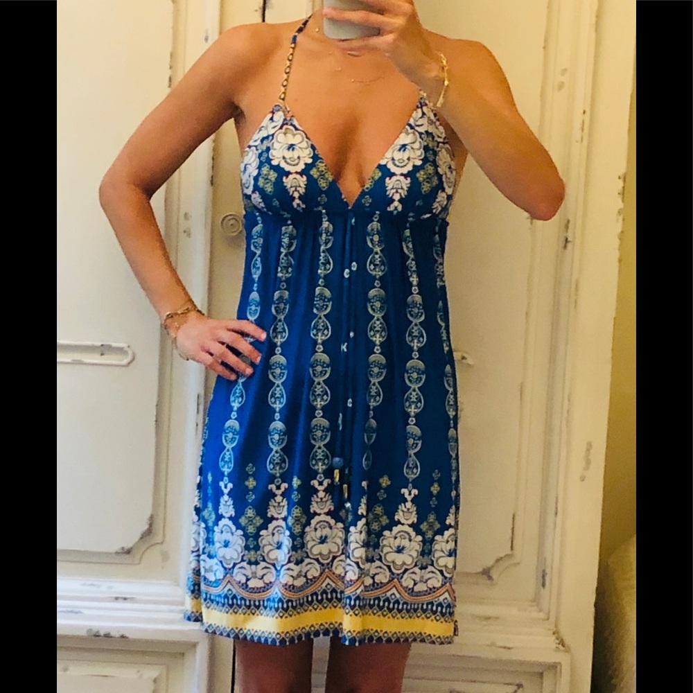 Blue Floral Print Halter Dress
